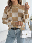 Cold Shoulder Checkered Long Sleeve Sweater - FLORENTINE IRIS