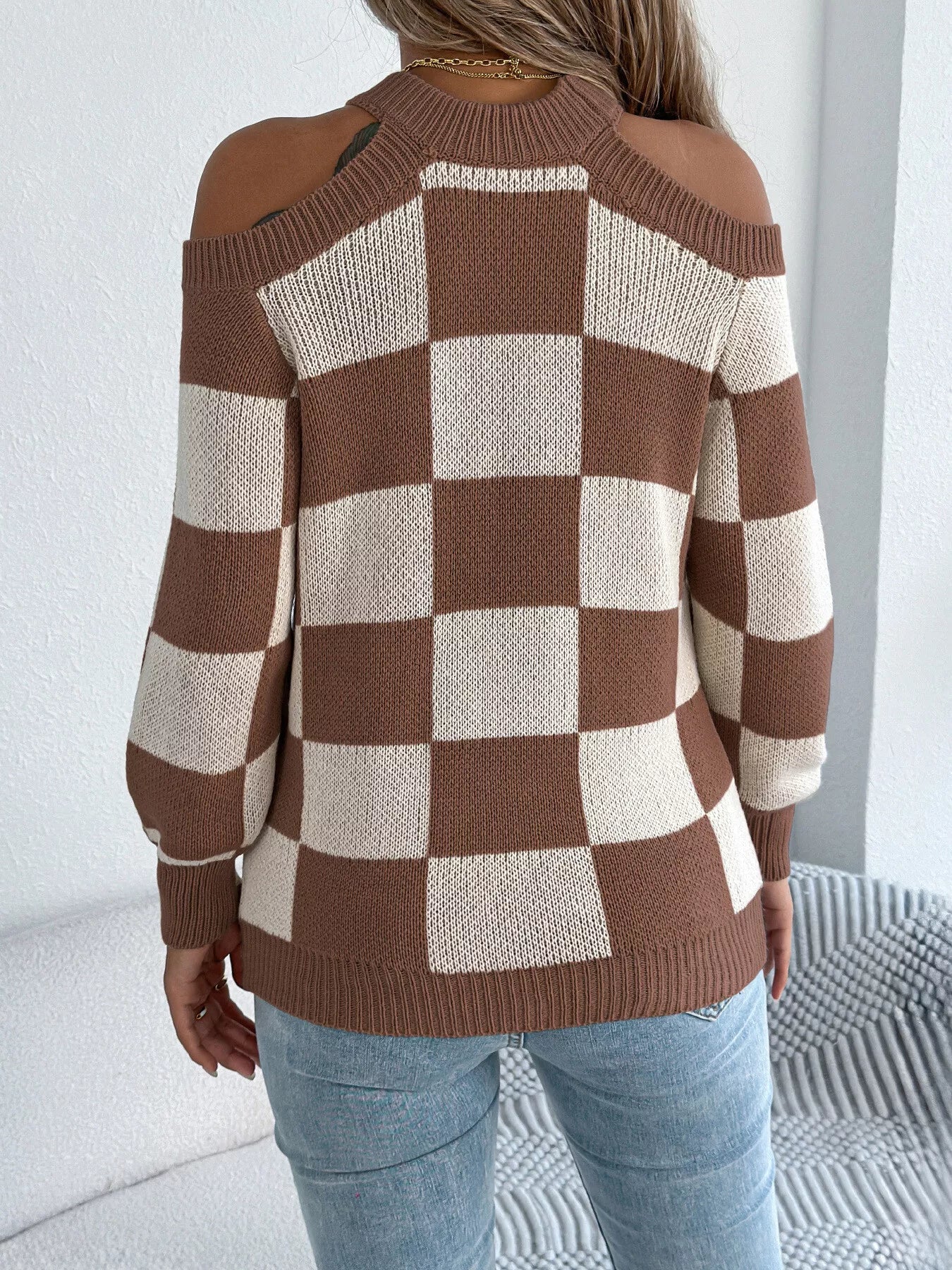 Cold Shoulder Checkered Long Sleeve Sweater - FLORENTINE IRIS