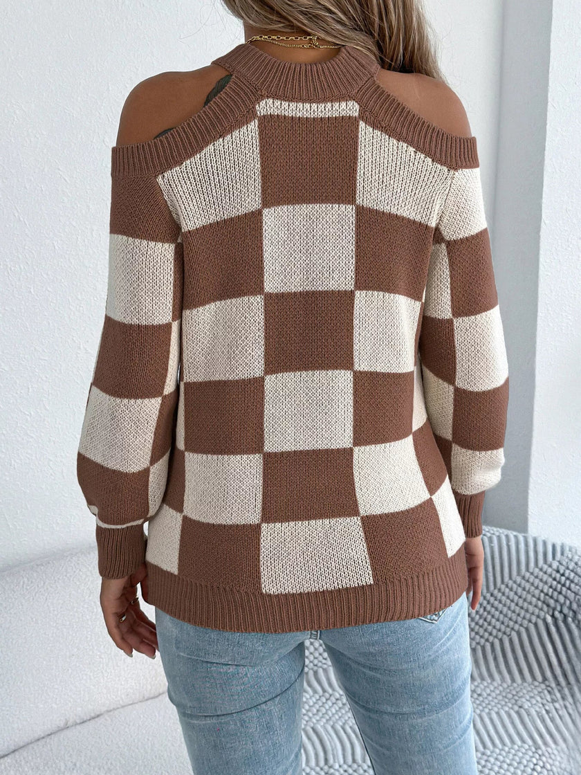 Cold Shoulder Checkered Long Sleeve Sweater - FLORENTINE IRIS