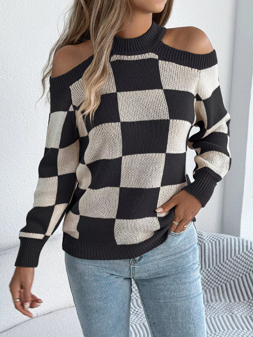 Cold Shoulder Checkered Long Sleeve Sweater - FLORENTINE IRIS