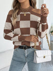 Cold Shoulder Checkered Long Sleeve Sweater - FLORENTINE IRIS