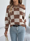 Cold Shoulder Checkered Long Sleeve Sweater - FLORENTINE IRIS