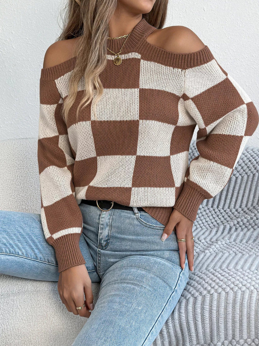 Cold Shoulder Checkered Long Sleeve Sweater - FLORENTINE IRIS