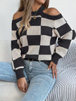 Cold Shoulder Checkered Long Sleeve Sweater - FLORENTINE IRIS