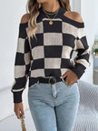 Cold Shoulder Checkered Long Sleeve Sweater - FLORENTINE IRIS