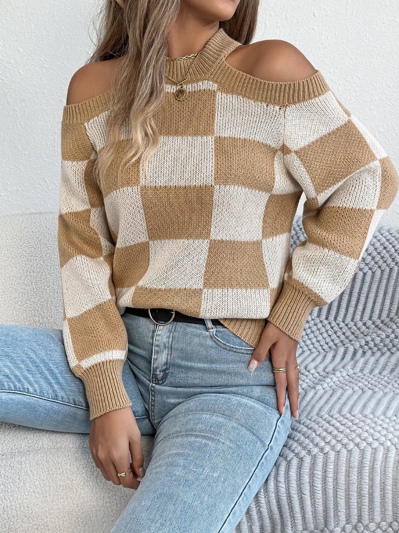 Cold Shoulder Checkered Long Sleeve Sweater - FLORENTINE IRIS