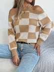 Cold Shoulder Checkered Long Sleeve Sweater - FLORENTINE IRIS