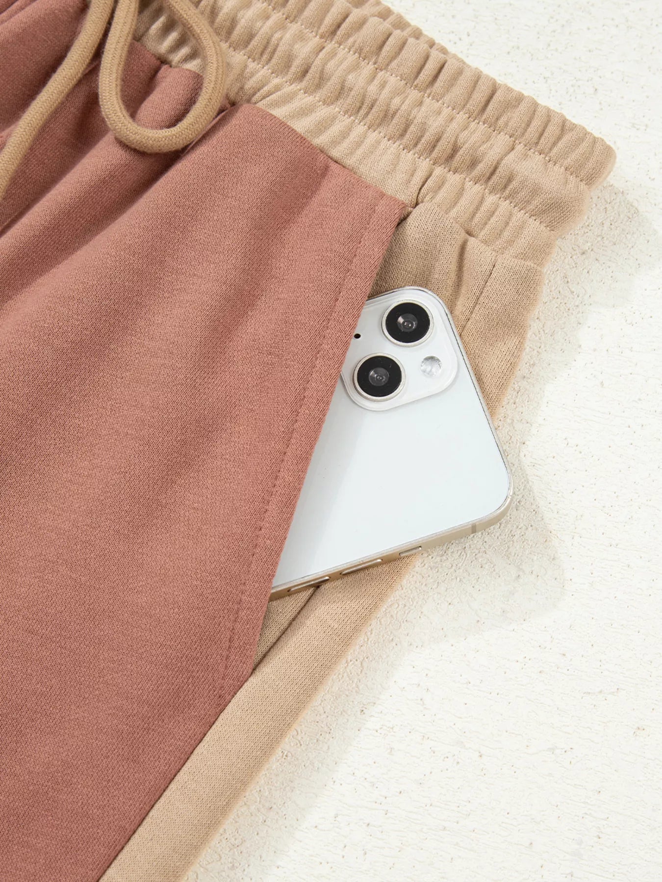 Color Block Long Sleeve Crop Top Drawstring Pant Set - FLORENTINE IRIS