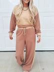 Color Block Long Sleeve Crop Top Drawstring Pant Set - FLORENTINE IRIS