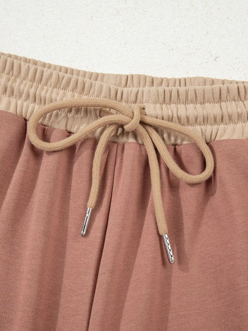 Color Block Long Sleeve Crop Top Drawstring Pant Set - FLORENTINE IRIS