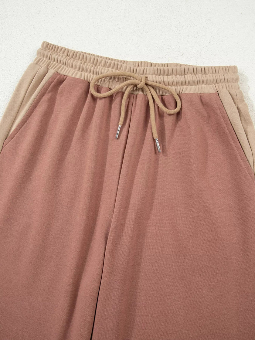 Color Block Long Sleeve Crop Top Drawstring Pant Set - FLORENTINE IRIS