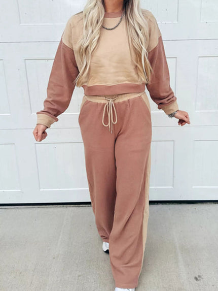 Color Block Long Sleeve Crop Top Drawstring Pant Set - FLORENTINE IRIS