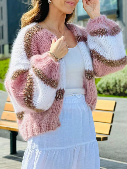 Color Block Open Front Cardigan - FLORENTINE IRIS