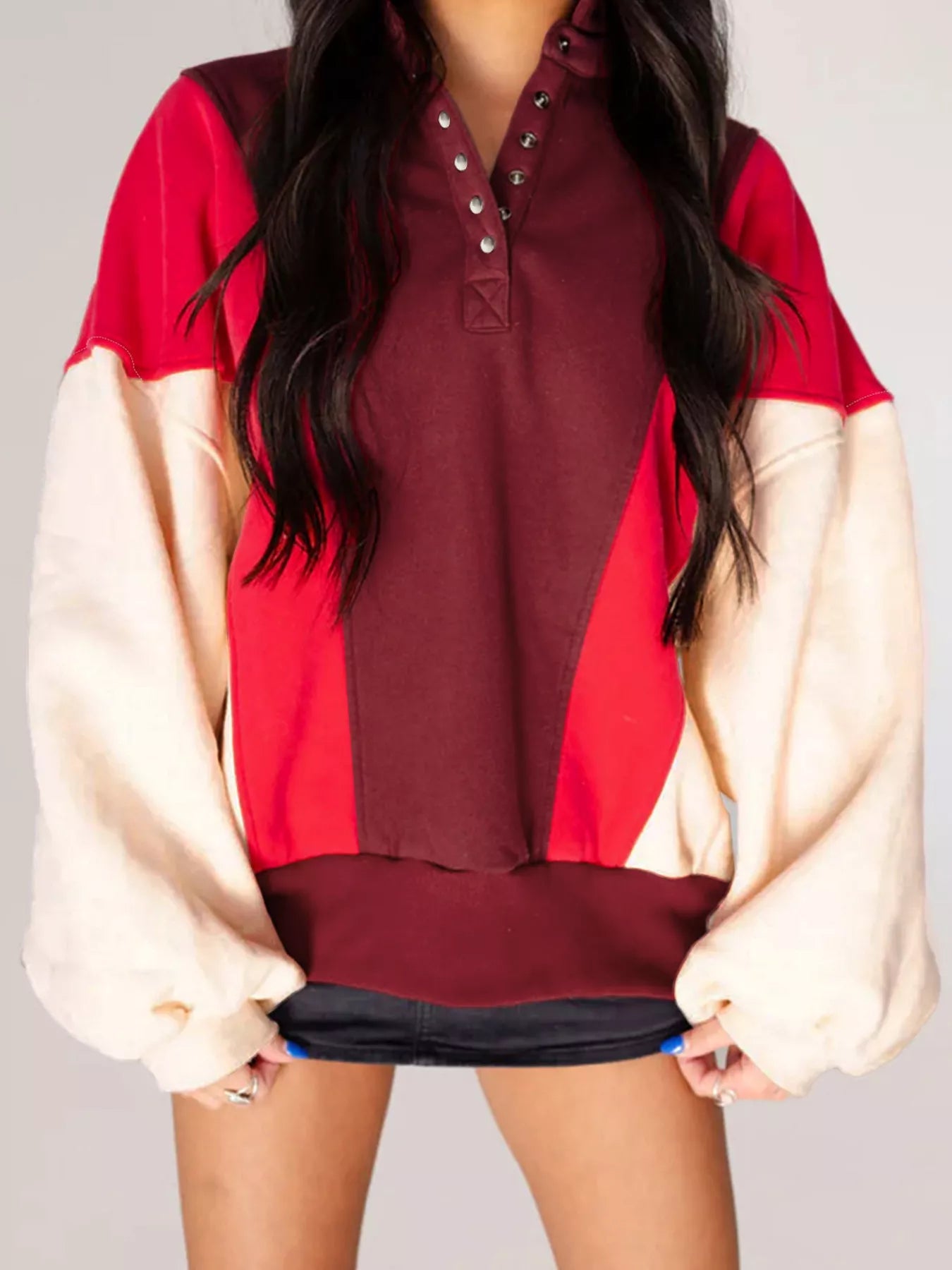 Color Block Patchwork Snap Button Oversize Hoodie - FLORENTINE IRIS