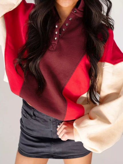 Color Block Patchwork Snap Button Oversize Hoodie - FLORENTINE IRIS