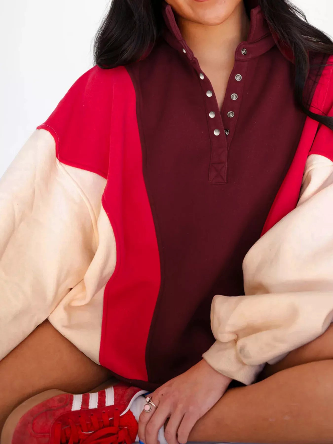 Color Block Patchwork Snap Button Oversize Hoodie - FLORENTINE IRIS