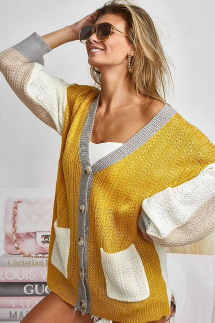 Color Block Sweater Cardigan with Button Closure - FLORENTINE IRIS