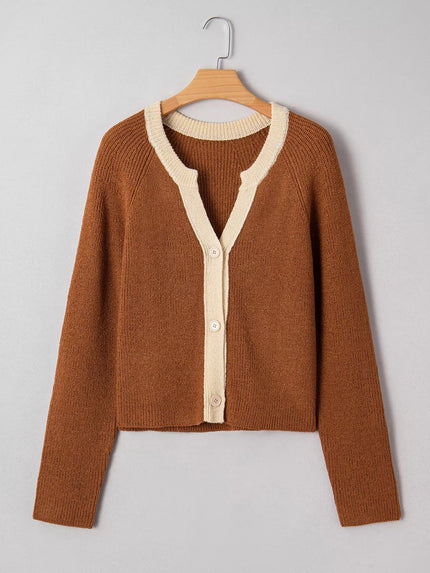 Contrast Knit V Neckline Cardigan - FLORENTINE IRIS