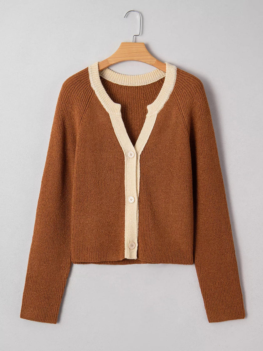 Contrast Knit V Neckline Cardigan - FLORENTINE IRIS