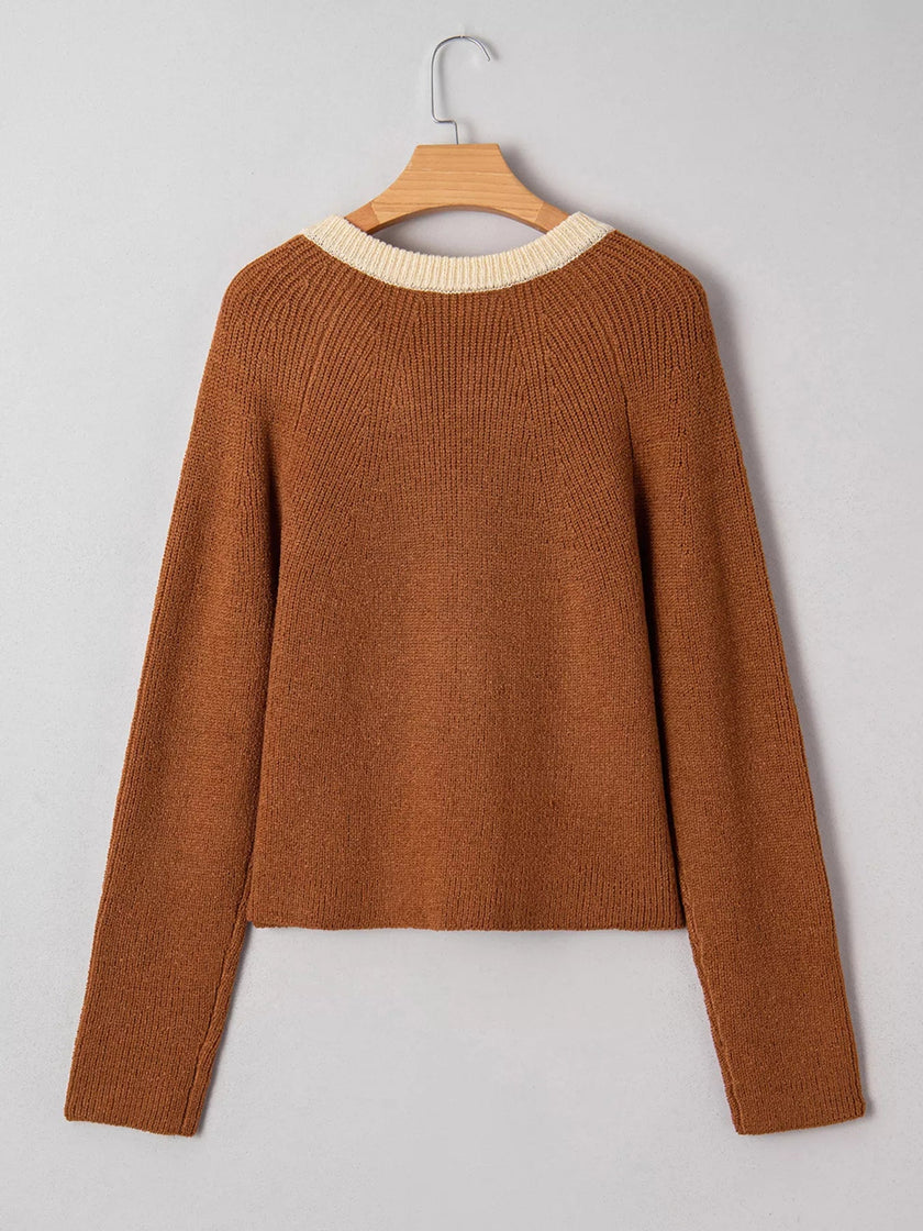 Contrast Knit V Neckline Cardigan - FLORENTINE IRIS