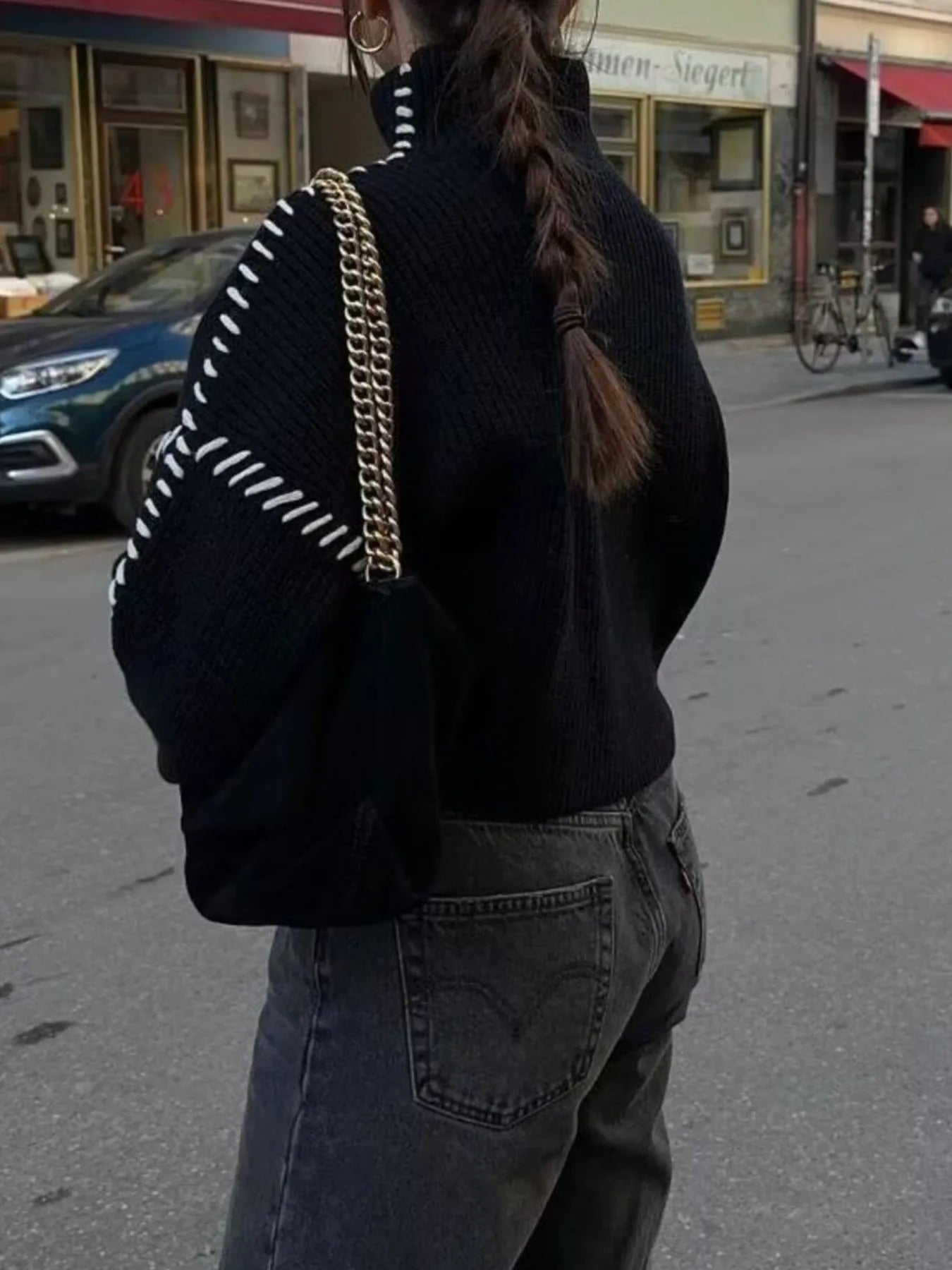 Contrast Mock Neck Long Sleeve Sweater - FLORENTINE IRIS