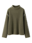 Contrast Mock Neck Long Sleeve Sweater - FLORENTINE IRIS