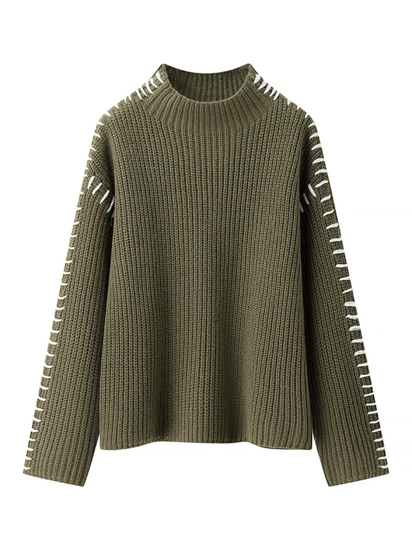 Contrast Mock Neck Long Sleeve Sweater - FLORENTINE IRIS