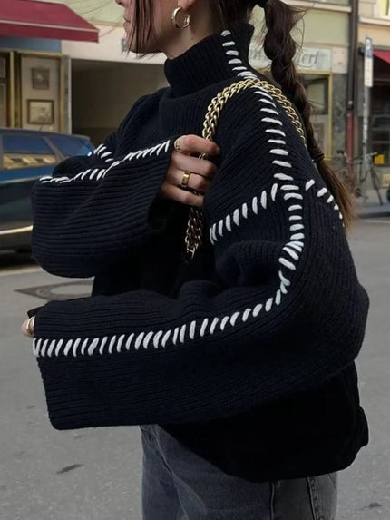 Contrast Mock Neck Long Sleeve Sweater - FLORENTINE IRIS