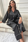 Contrast Piping Button - Up Top and Pants Pajama Set - FLORENTINE IRIS