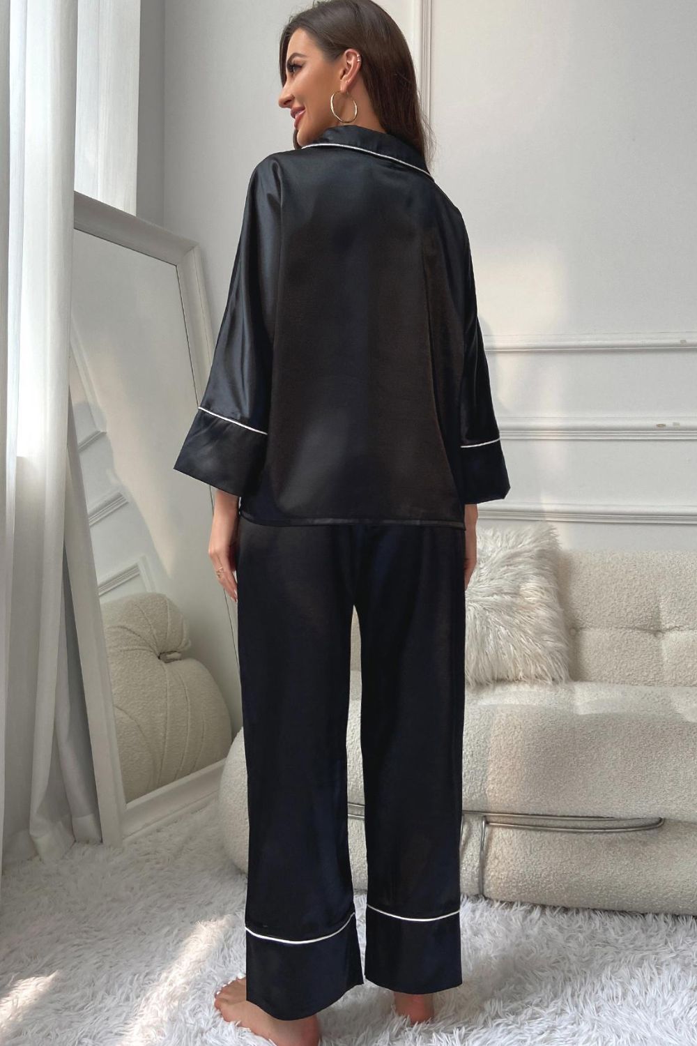 Contrast Piping Button - Up Top and Pants Pajama Set - FLORENTINE IRIS