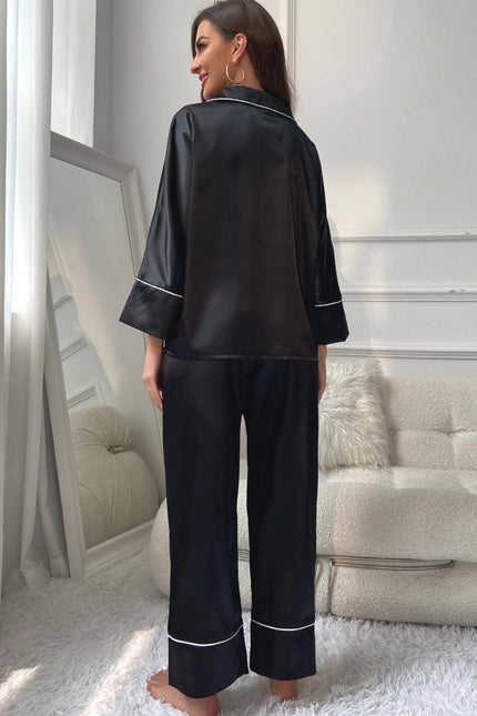 Contrast Piping Button - Up Top and Pants Pajama Set - FLORENTINE IRIS