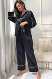 Contrast Piping Button - Up Top and Pants Pajama Set - FLORENTINE IRIS