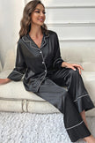 Contrast Piping Button - Up Top and Pants Pajama Set - FLORENTINE IRIS