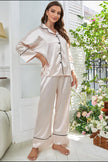 Contrast Piping Button - Up Top and Pants Pajama Set - FLORENTINE IRIS