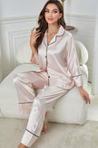 Contrast Piping Button - Up Top and Pants Pajama Set - FLORENTINE IRIS
