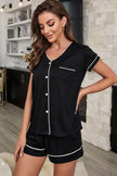 Contrast Piping Button - Up Top and Shorts Pajama Set - FLORENTINE IRIS