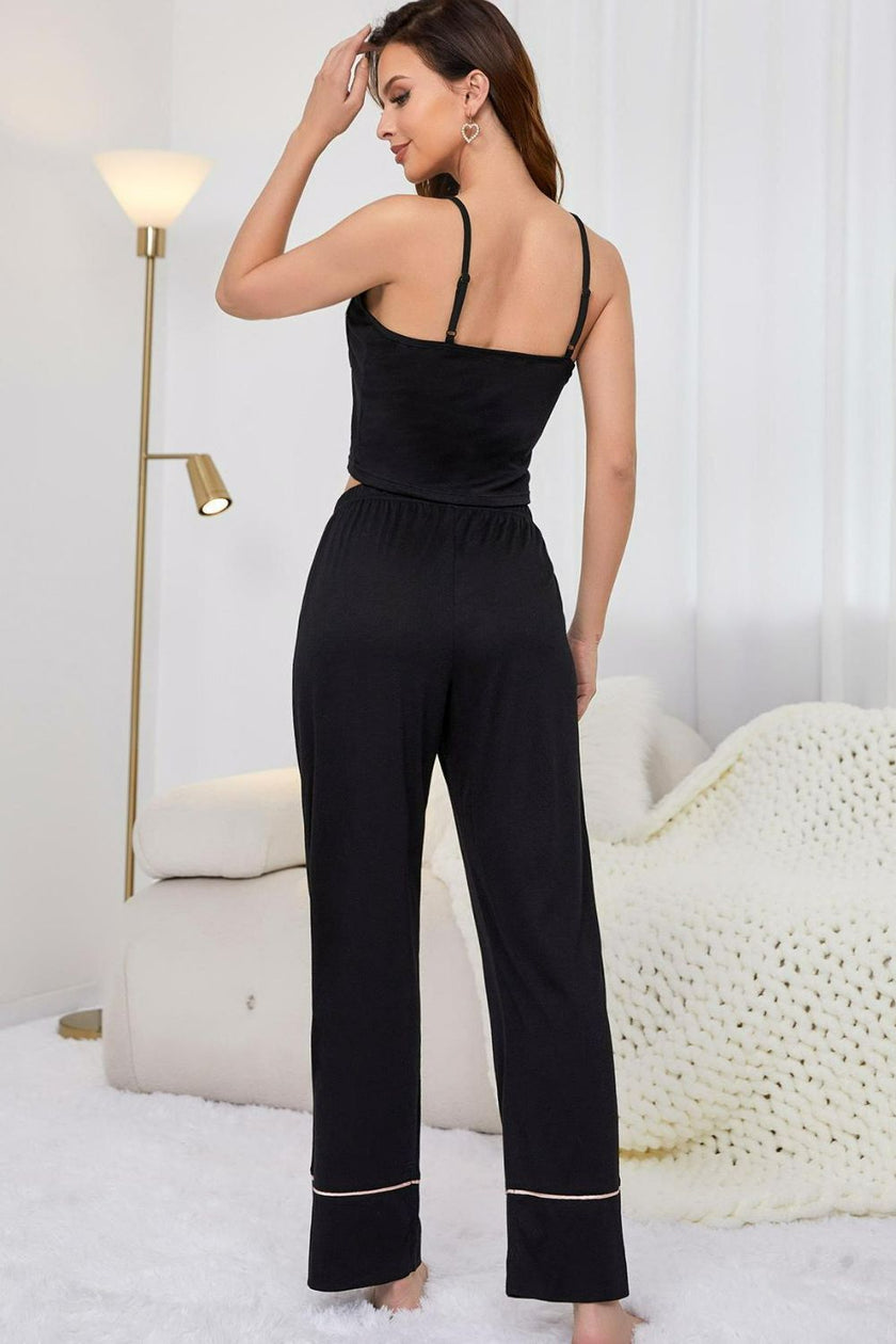 Contrast Trim Cropped Cami and Pants Loungewear Set - FLORENTINE IRIS