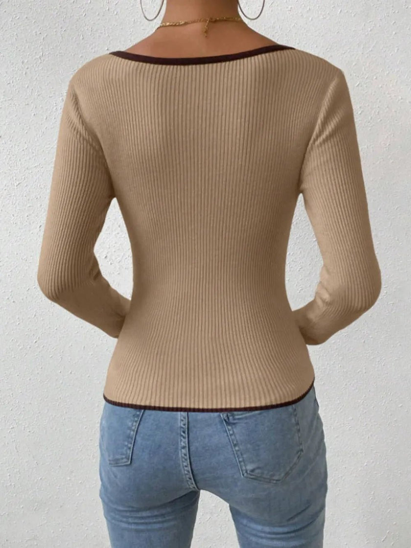 Contrast Trim Long Sleeve Knit Top - FLORENTINE IRIS