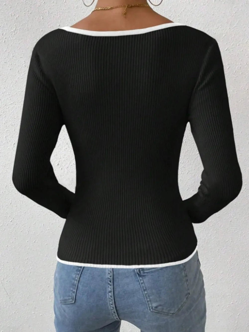 Contrast Trim Long Sleeve Knit Top - FLORENTINE IRIS