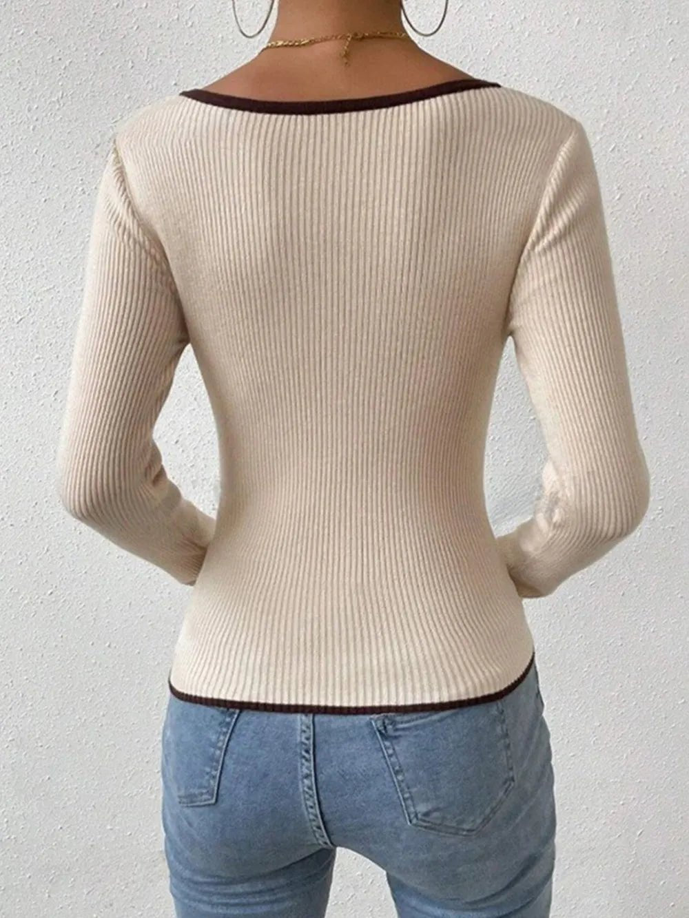 Contrast Trim Long Sleeve Knit Top - FLORENTINE IRIS