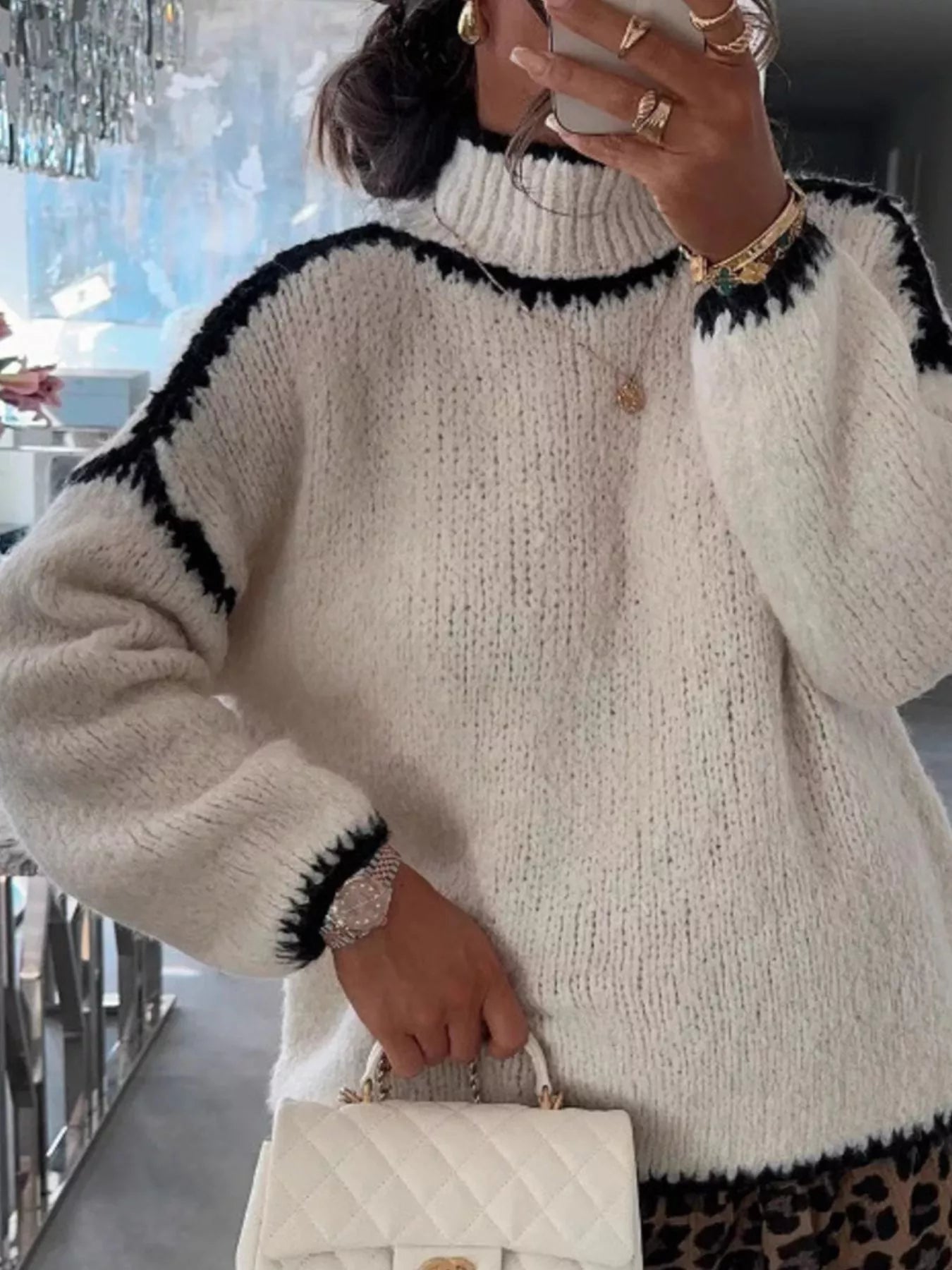 Contrast Trim Turtleneck Long Sleeve Sweater - FLORENTINE IRIS