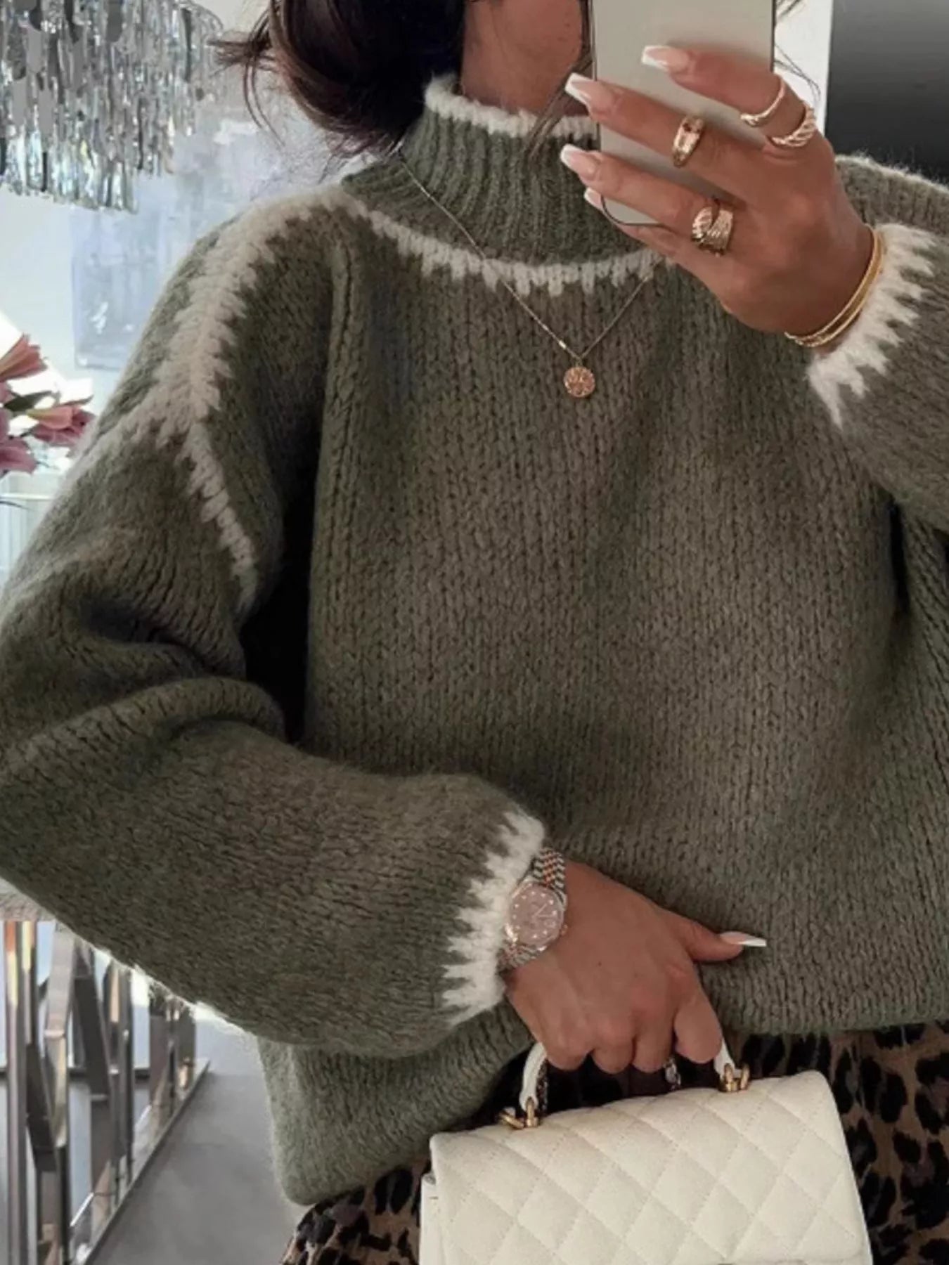 Contrast Trim Turtleneck Long Sleeve Sweater - FLORENTINE IRIS