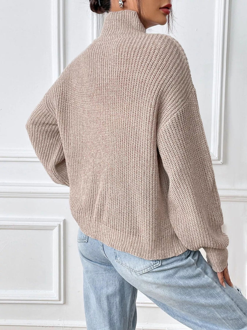 Cozy Knit Turtleneck Dropped Shoulder Sweater - FLORENTINE IRIS