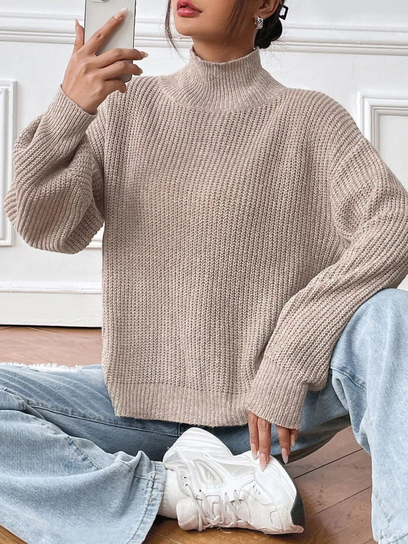 Cozy Knit Turtleneck Dropped Shoulder Sweater - FLORENTINE IRIS
