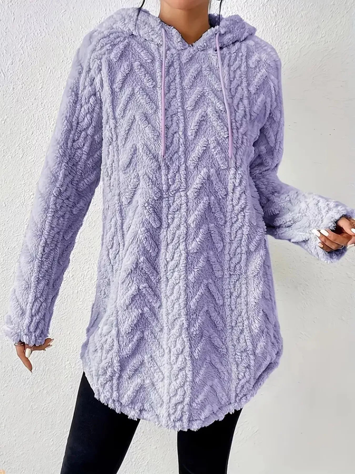 Cozy Textured Drawstring Fleece Hoodie - FLORENTINE IRIS