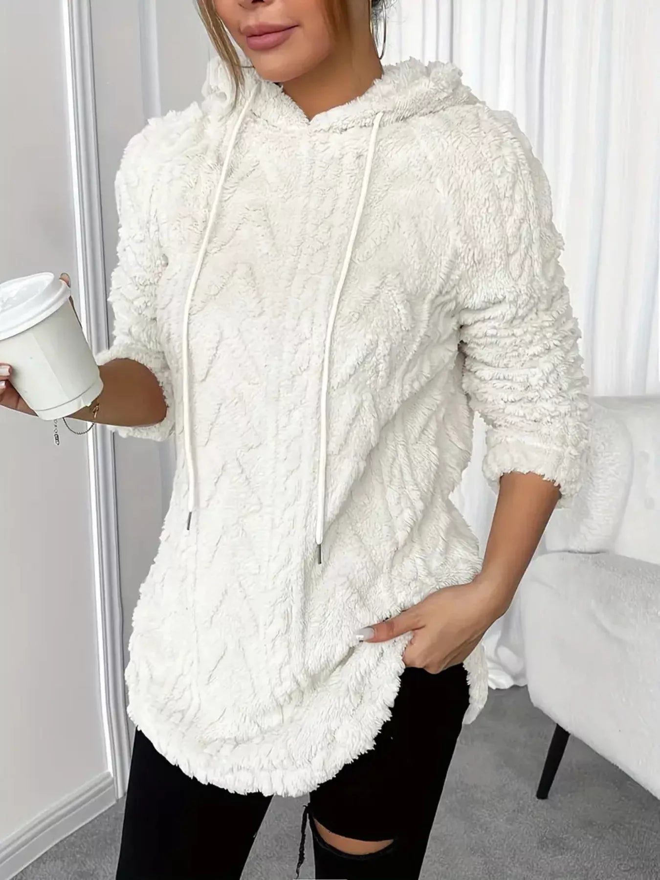 Cozy Textured Drawstring Fleece Hoodie - FLORENTINE IRIS