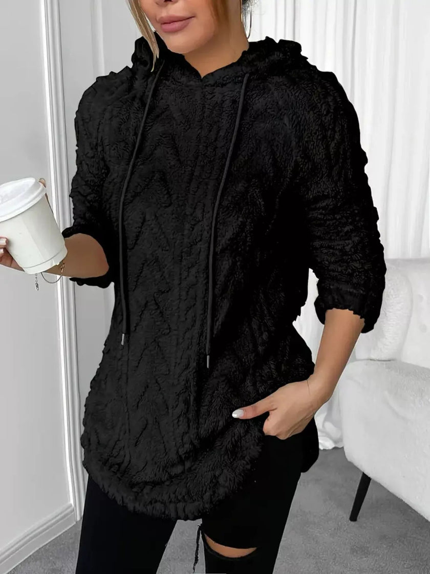 Cozy Textured Drawstring Fleece Hoodie - FLORENTINE IRIS