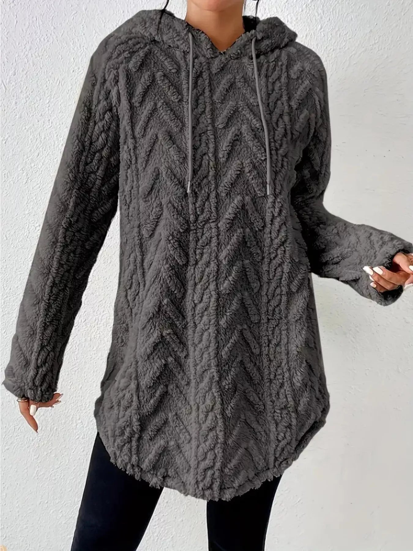 Cozy Textured Drawstring Fleece Hoodie - FLORENTINE IRIS