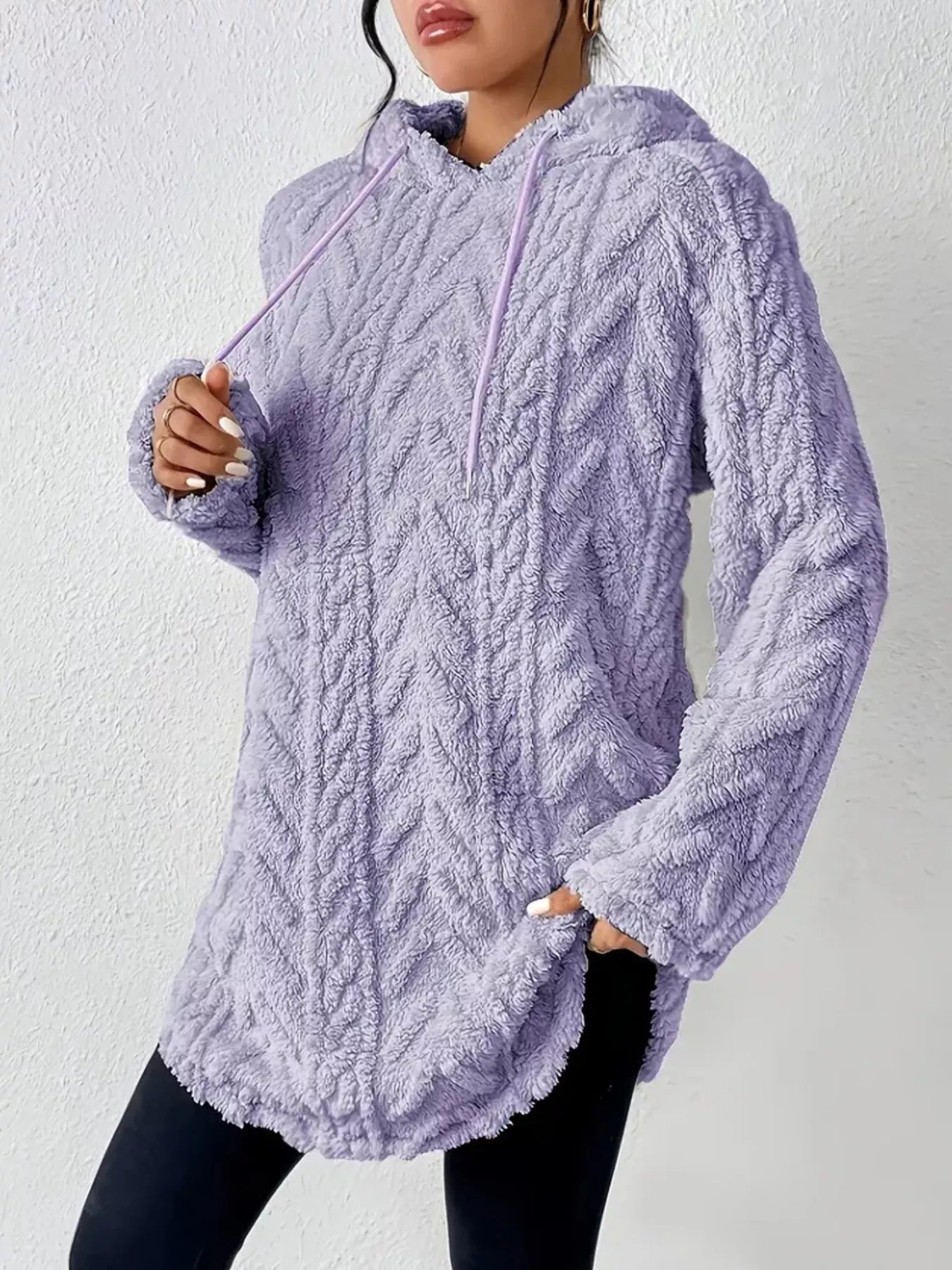 Cozy Textured Drawstring Fleece Hoodie - FLORENTINE IRIS