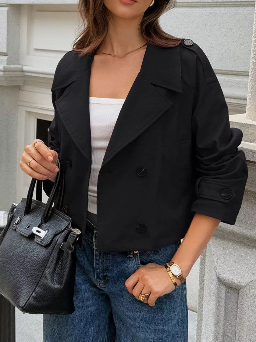 Cropped Double - Breasted Raglan Sleeve Jacket - FLORENTINE IRIS